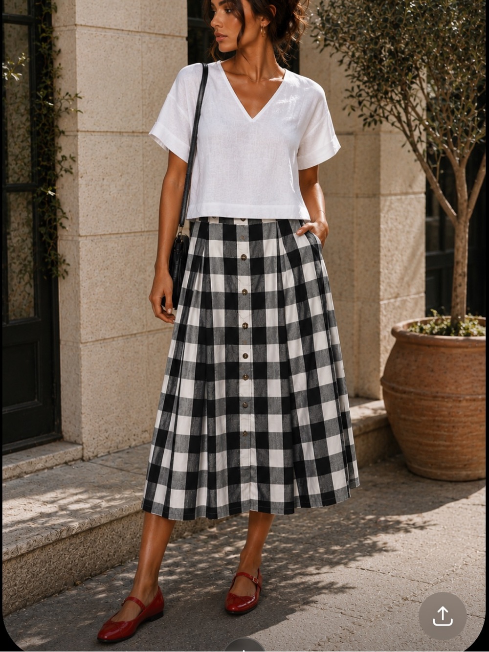 Who What Wear Midi Black White Gingham Button-Front | Classic Preppy Sz 2